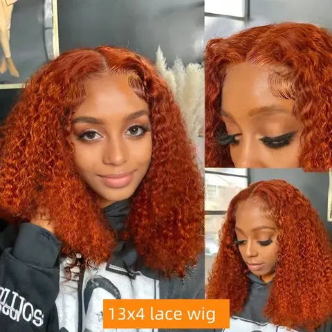 180% Density Ginger Curly Bob Wig Human Hair 13x4 Lace Front Wigs Human Hair for Women Orange Ginger Short Bob Wigs Human Hair Pre Plucked Ginger Curly Bob Lace Front Wig Human Hair