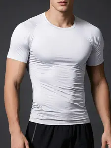 1pc Men's Compression Shirt Short Sleeve,  Crew Neck Elastic Fabric Workout Tee for Outdoor Fitness, Running, Weightlifting & Gym Training. Breathable Athletic Activewear Top, Quick Dry Stretchy Sports Base Layer Undershirt