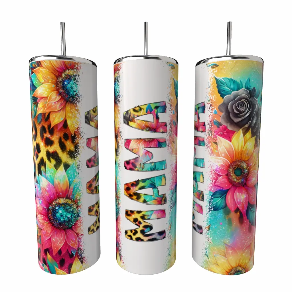 Custom Name Sunflower Rainbow Leopard 20oz skinny Tumbler Coffee Drinkware Insulated Lid Portable