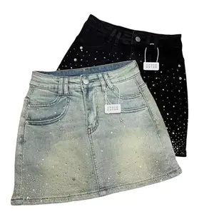 Starry Hot Rhinestone Denim Skirt for Women 2024 Summer New Retro Slimming a-Line Sheath Denim Skirt Womenswear Bottom