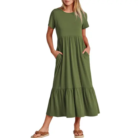 ANRABESS Women's Summer Casual Short Sleeve Crewneck Swing Dress Flowy Tiered Maxi Beach Dress with Pockets