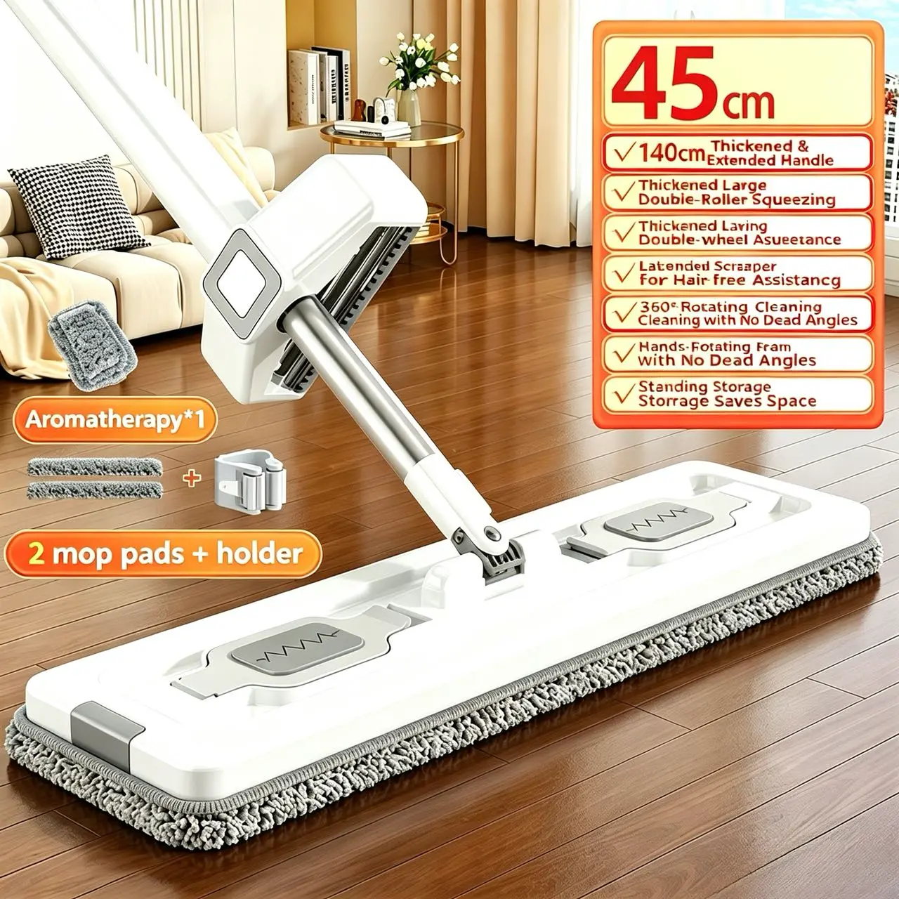 45cm Extra Large Hands-Free Self-Wringing Flat Mop Set, 360° Rotating Head, Double-Roller Squeeze, Thick Stainless Steel Handle, Rebound Panel, Standing Storage, Reusable Microfiber Pads for Hardwood Tile Floors Pet Hair Home Cleaning