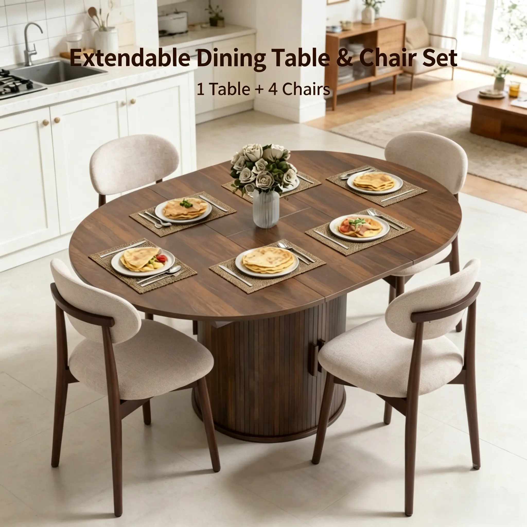 Extendable Dining Table Set of 4 w/ Hidden Storage, Farmhouse Kitchen Table Expands 4-6 Seats, Space Saving Walnut Finish for Small Apartment Dining Room
