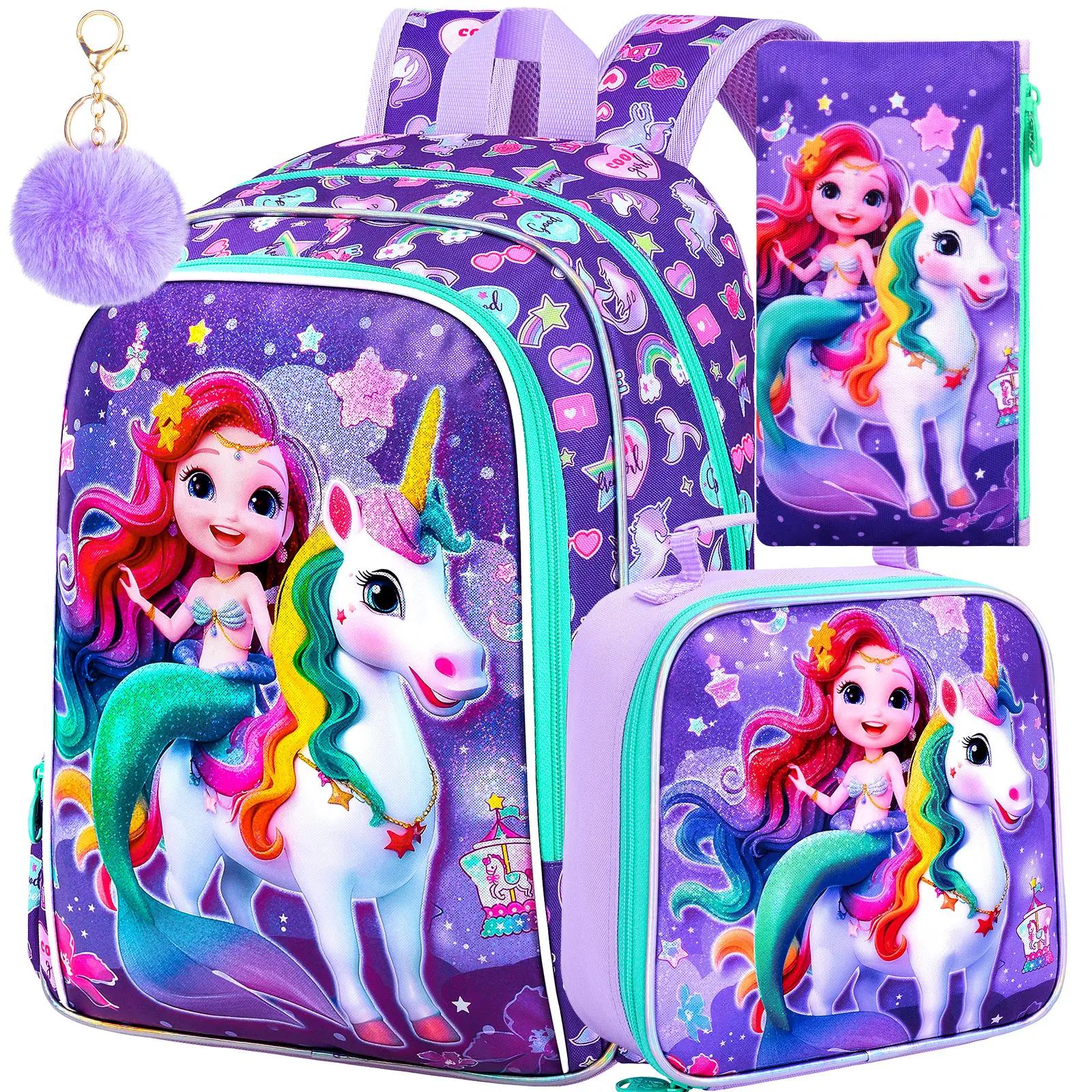 16" Mermaid Backpack for Girls, 3Pcs Unicorn Kids Bookbag with Lunch Box, School Backpacks for Elementary Preschool Kindergarten (Purple)