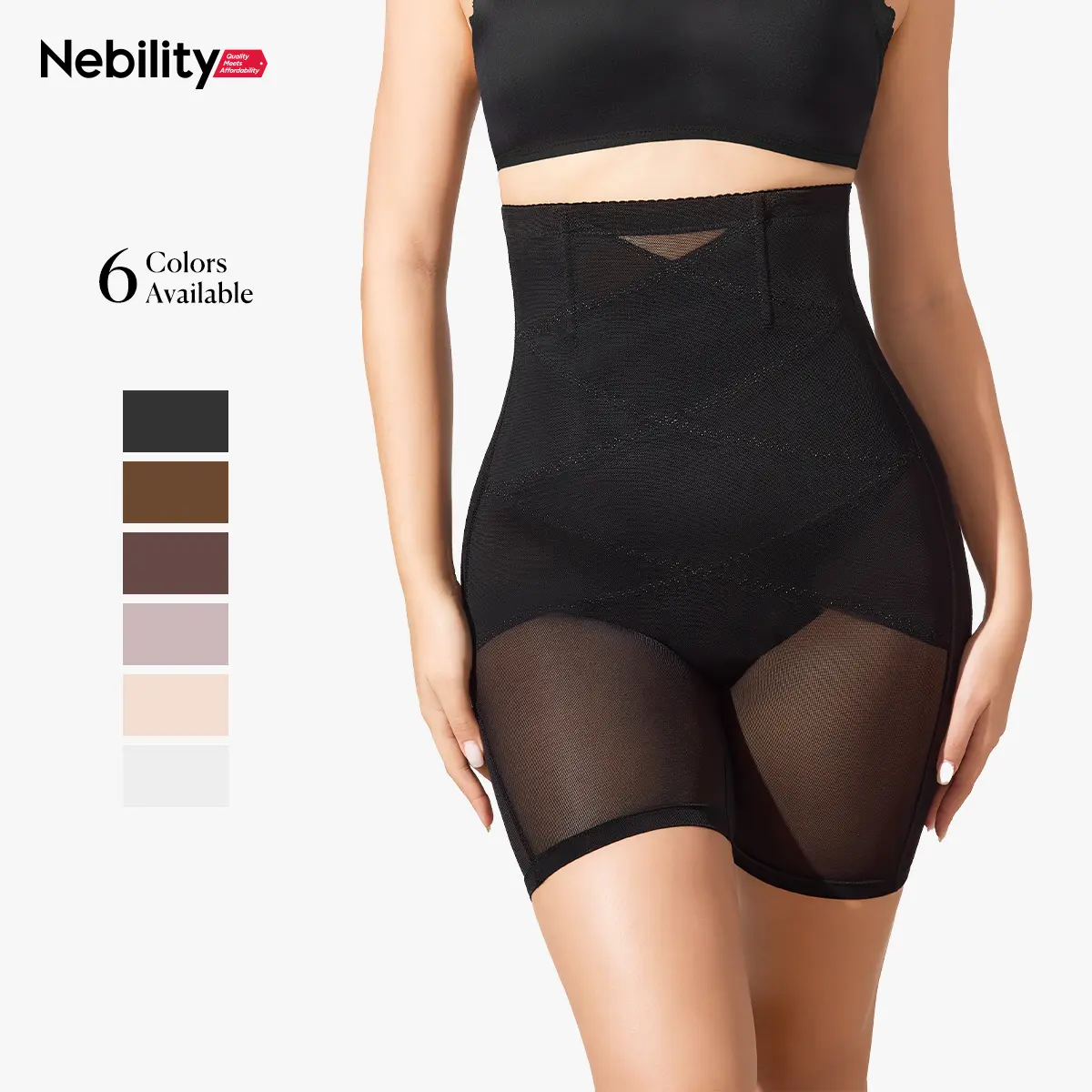 Nebility Lady's High-Rise Mesh Compression Shapewear Shorts - Booty Lift, Thigh Slimmer, Tummy Slimming, Full Coverage, Abdominal Support, Body Mold Leg Shaping Shorts