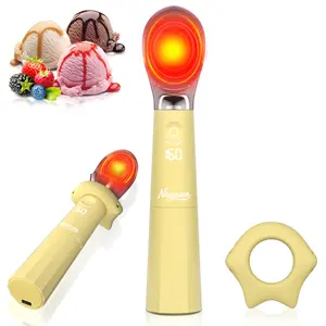 Heated Ice Cream Scoop Rechargeable electric ice cream scoop featuring a one-touch, three-speed adjustable heating function. Detachable design with a drip-proof base. IP68 waterproof rating. Suitable for hard ice cream. Yellow.