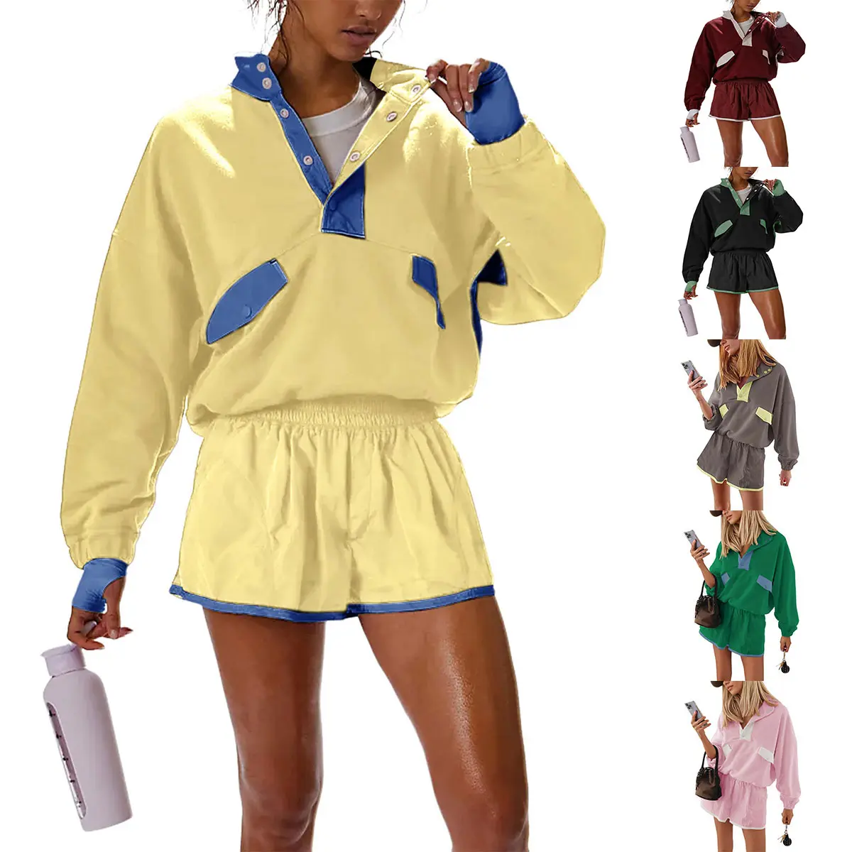 Molitree Women's Two Piece Short Sets Summer Lounge Sweatsuits Long Sleeve Outfits Travel Tracksuit with Pocket Cropped Womenswear Collared Yellow