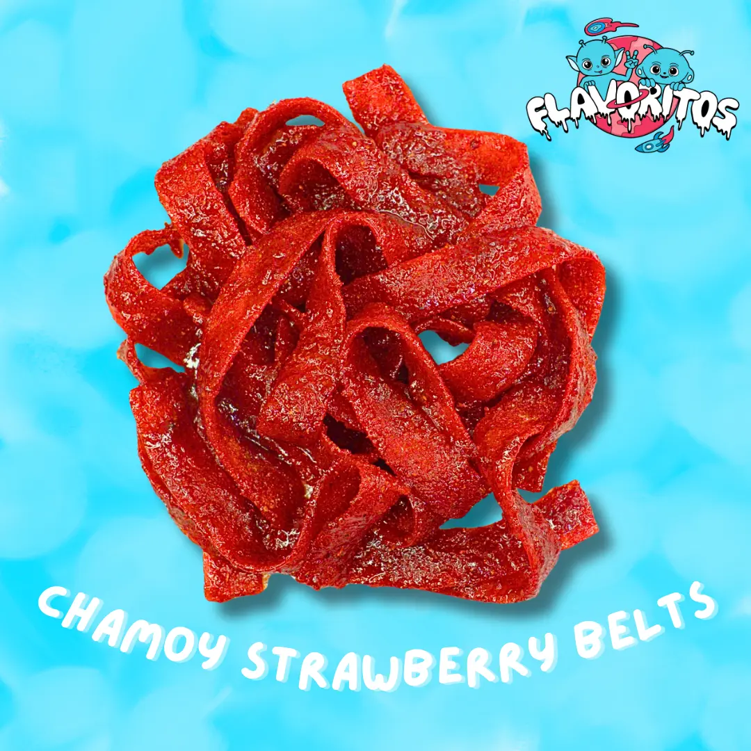 Chamoy Strawberry Sour Belts- Flavoritos Sweet Sour and Chili Gummy Candy Snack Chewy Spicy Bonbon Dry Rub + Chamoy Packet