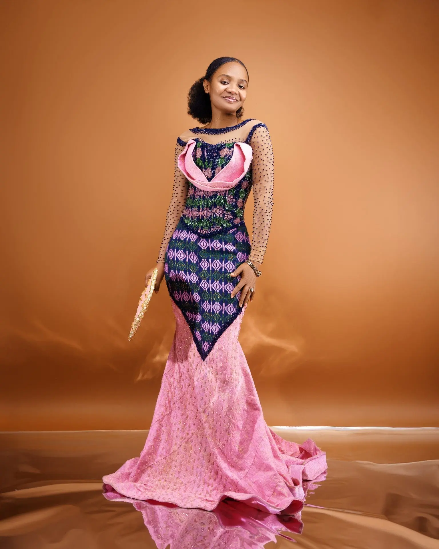 Women's Blush Pink Mermaid Gown - Handmade African Print Formal Dress, Modest Floor-Length Evening Wear with Mermaid Silhouette, True-to-Size for Weddings & Prom