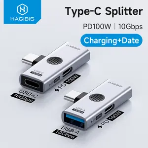 Hagibis USB C Adapter 1 in 2 Out Splitter With 10Gbps Data Transfer PD100W Charging Port USB C To Headphone OTG Converter For Phone/Laptop/Tablet/Switch