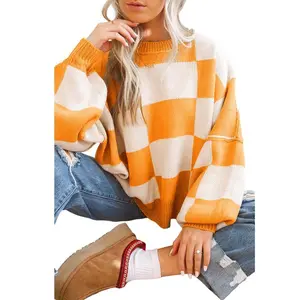 Znacicc Women's Stylish Game Day Checkered Bishop Sleeve Sweater - Casual Plaid Top with Crew Neck, Long Sleeve, Winteroutfit,Medium Length, Loose-Fitting,WomenswearGift