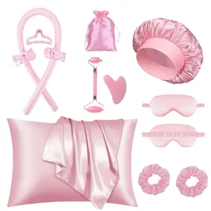 12pcs No Heat Curling Set, Heatless Hair Curlers, Heatless Styling Tools, Night Skincare Kit, Satin Pillowcase, Jade Roller, Eye Mask, Sleep Cap, Smooth Hair, Clear Skin, Soft Curls