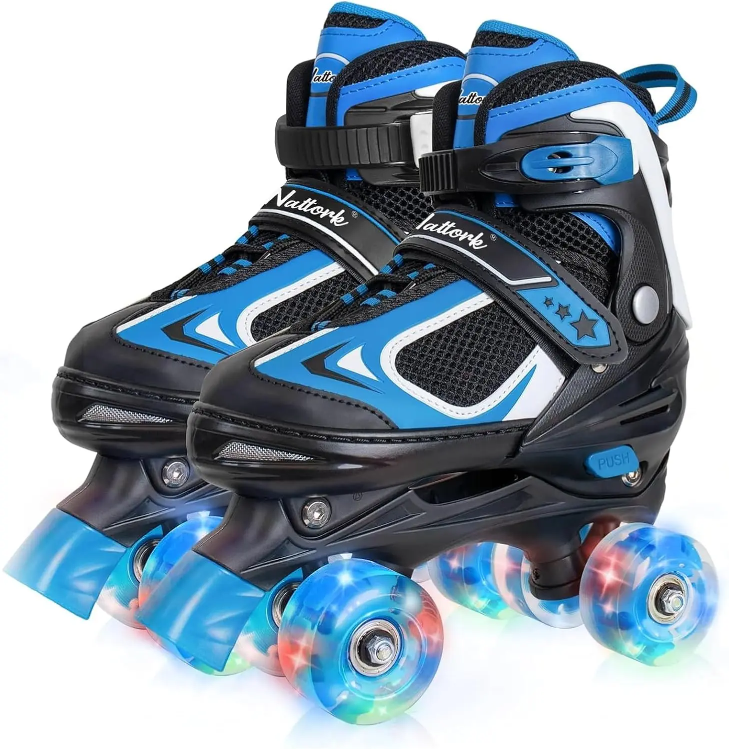 Light-Up Wheels Roller Skates for Boys/Girls, 4-Size Adjustable Quad Skates with Durable Frame, Illuminating Colored LED Wheels, Beginner Indoor-Outdoor Kids Toddlers Sports Gear