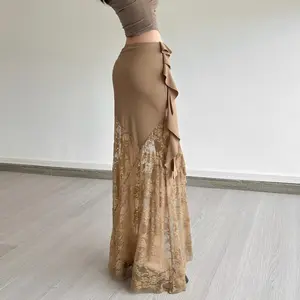 SylCue Mesh Patchwork Long Skirts Women Elastic Waist Solid Ruched Ruffles Tassel Street Fashion Elegant Style Skinny Outfits