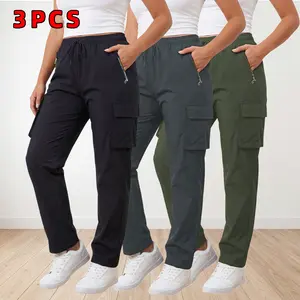 3PCS Women’s Full-Length Pants for Spring/Autumn — Solid Color Outdoor Sports Cargo Workwear Joggers with Multiple Pockets and Zipper