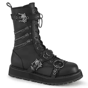 Demonia Men's Valor-240 Black Vegan Leather Platform Lace-Up Mid-Calf Boot Featuring Harness Strap