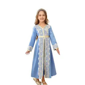 Girls' Ethnic Dubai Arab Abaya - V-Neck Contrast Lace Embroidery & Shiny Golden Trim