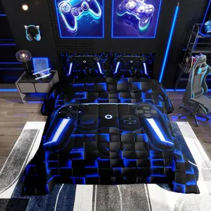 Feelyou Gamer Comforter Set for Boys - Blue Video Game Themed Bedding with Geometric Game Console, Neon Lights, and Gamepad Designs