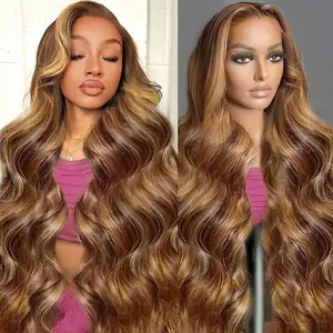 Pizazz Hair 220% Density 13x6 Highlight Body Wave Full Lace Front Wigs Human Hair Pre Plucked 4/27 Honey Blonde HD Transparent Lace Front Wig Human Hair Pre Bleached Wig For Women