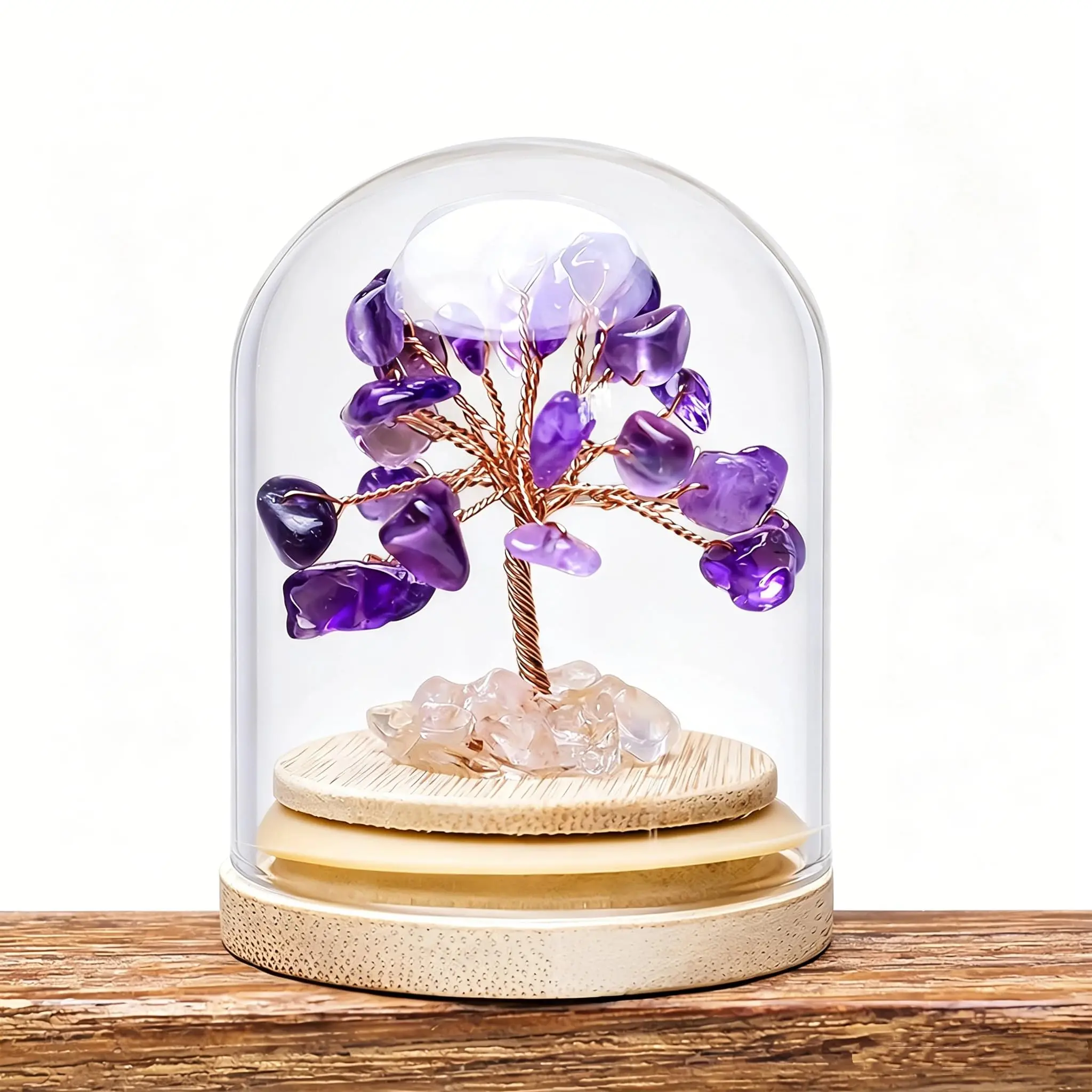 Money Tree Crystal Tree of Life, Natural Crystal Tree Flower Cluster Glass Dome Wooden Base, Lucky Healing Crystal Stones Stress Reduction Meditation Tabletop Decoration Gift for Women (Purple)