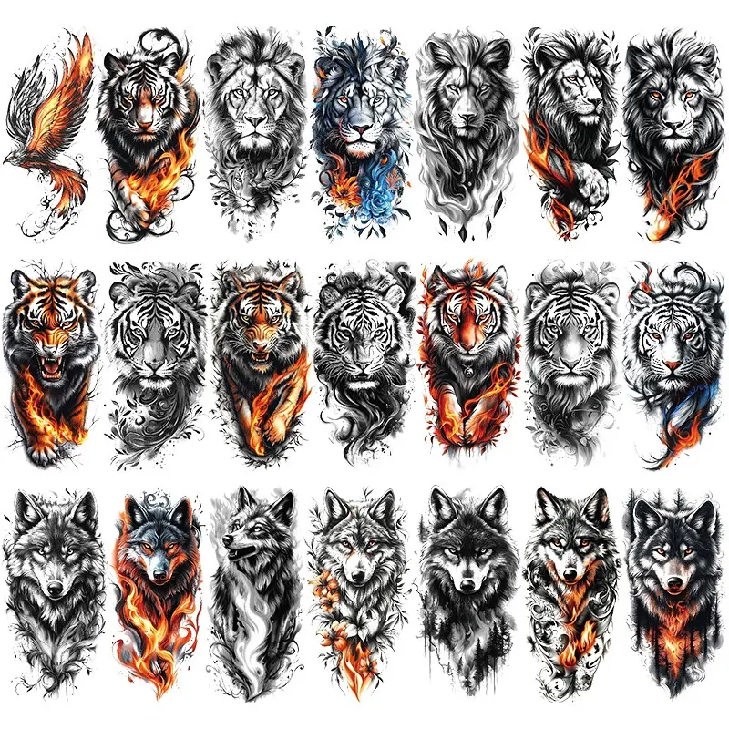 21 Pcs Tribal Lion Tiger Wolf Tattoo Stickers, Waterproof Temporary Fake Tattoos, Flame Design, Unisex Full Body Art, Party Essential, Long-Lasting Body Paint