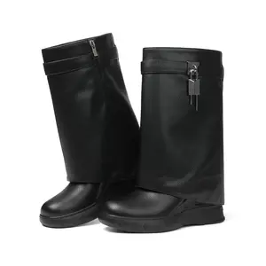 Fold Over Boots for Women Platform Knee High Black Boots Round Toe Mid-Calf Boots Pull On Wide Calf Tall Silver Lock Boots