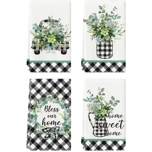 Plaid & Leaf Pattern Kitchen Towel, 4 Counts/set Soft Absorbent Kitchen Hand Towel, Kitchen Cleaning Towel, Household Kitchen Supplies