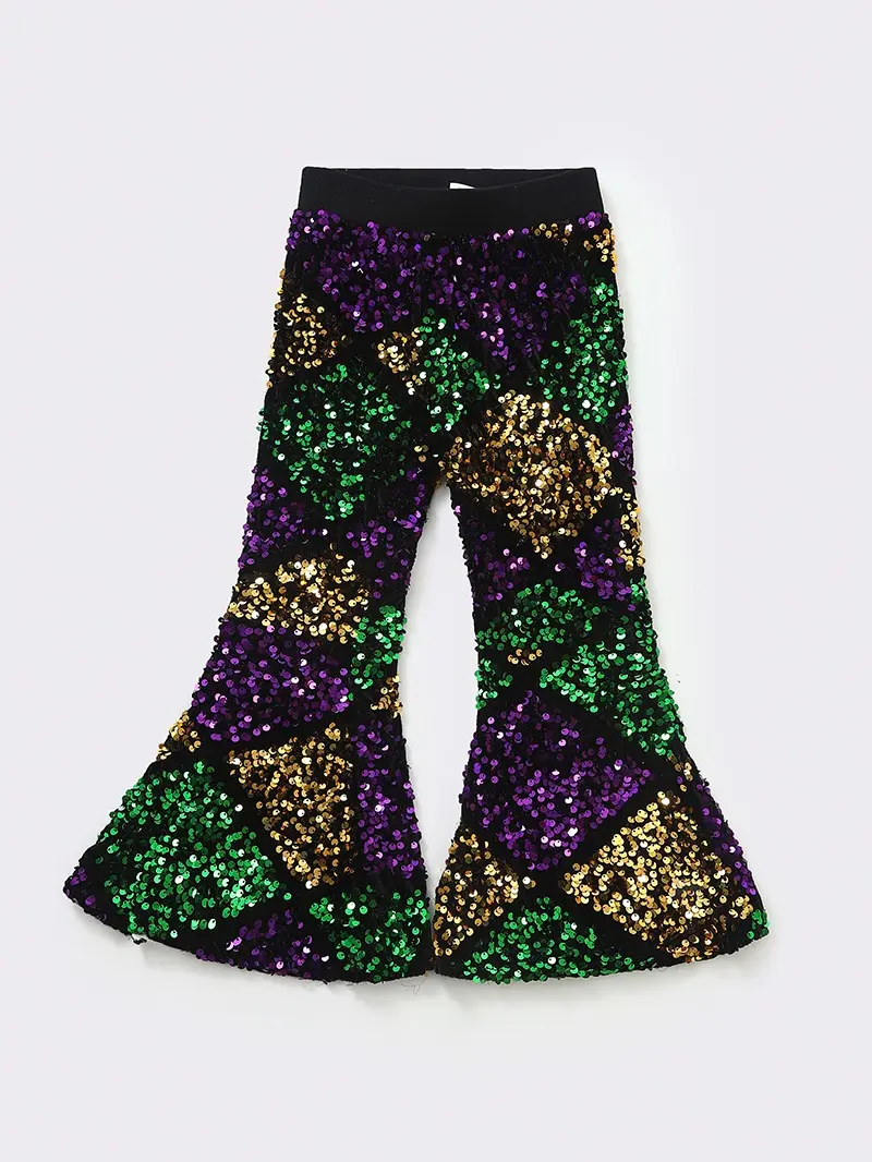 Girls' Bell Bottom Pants with Purple, Gold, and Green Sequin Print, Soft Comfy Flare Trousers for Trendy Kids, Comfy Pants