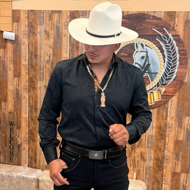 Men's Western Classic Collared Neck Plain Pearl-Snap Long-Sleeve Black Snap-Button Shirt - Urban Cowboy Elevated Casual Wear for Jaripeos Events, Pairable with Jeans, Western Boutique Style Top