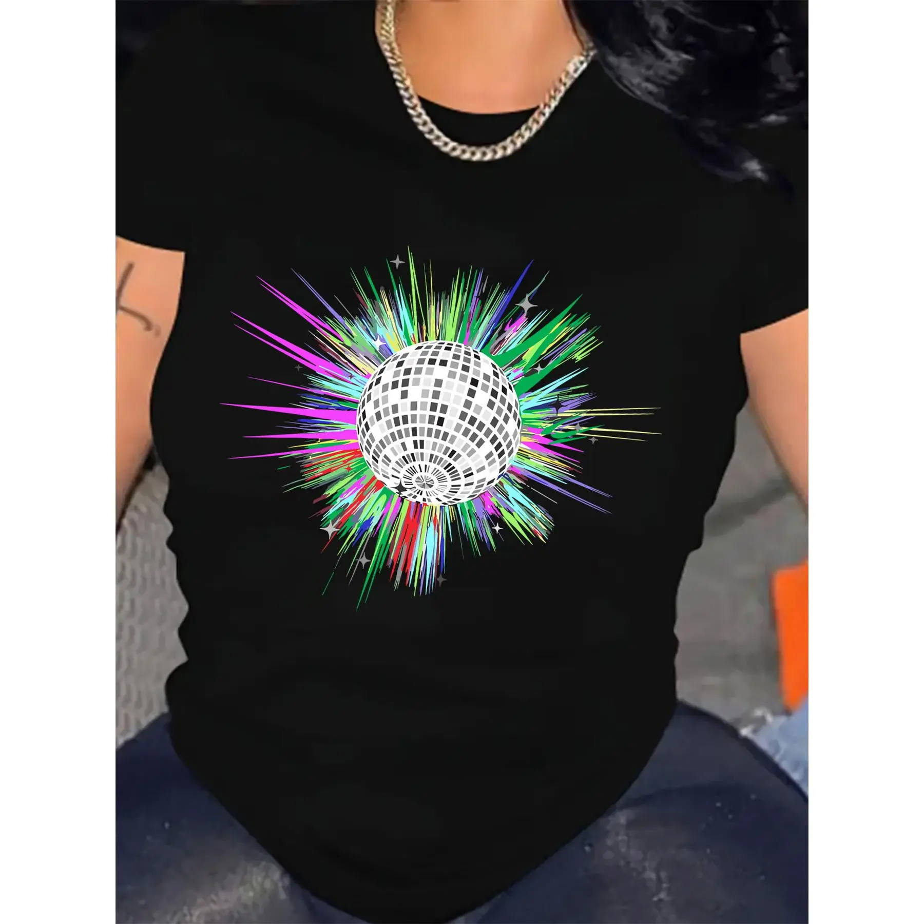 Women's Black Cotton Disco Ball Graphic-Print T-Shirt - 180g Premium Fabric, Round Neck, Shortsleeve, Casual Top for Party, Music Festival Wear