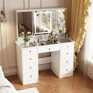 FUFU&GAGA Large Makeup Vanity Desk with Glass Desktop, Large Vanity Desk with Mirror and Lights, Crystal Handles, 43.3” Desktop, Cushion Stool not Included Organizer Storage