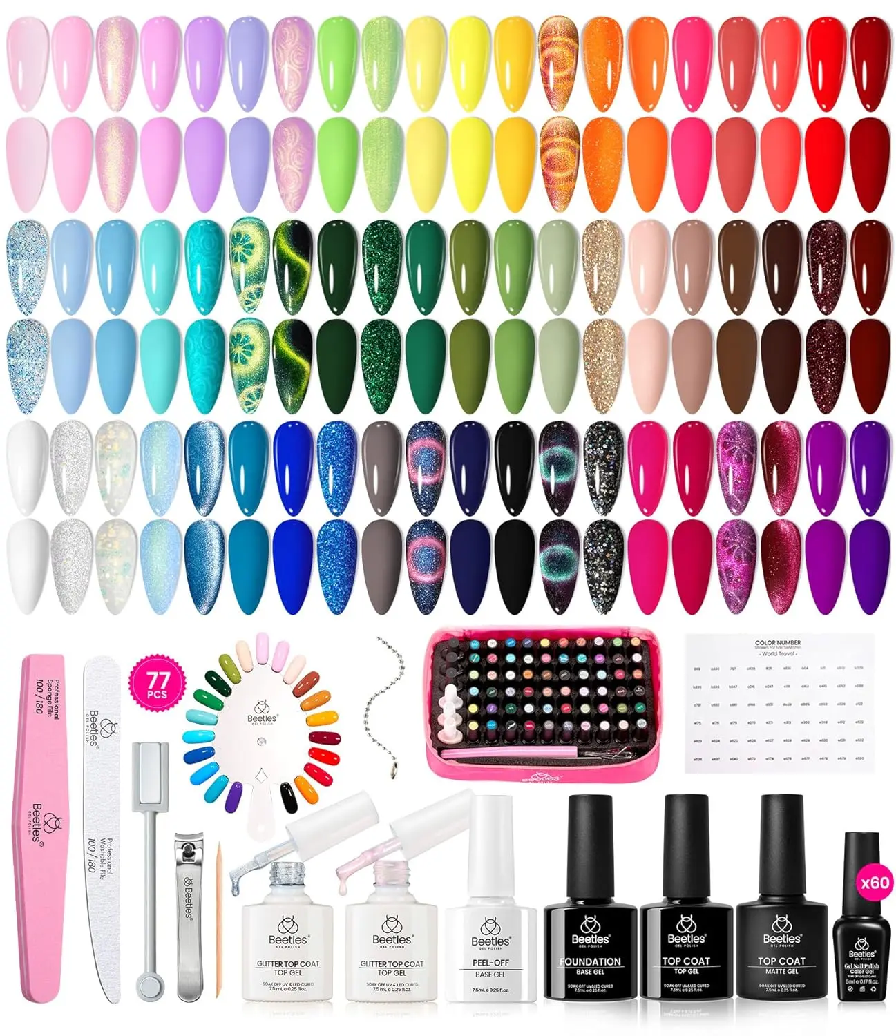 Beetles 60Colors Gel Nail Polish Set,  Neon Gel Polish Kit Jelly Glitter Nude Pink White Red Blue Green Brown Summer Color Nail Polish Base &Glossy Matte Top Coat Gift for Her Women#Summervibes