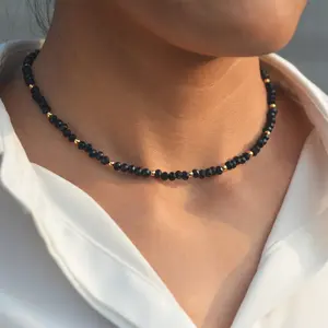 Black Glass Crystal and Gold Beads Beaded Necklace for Women Trendy, Cool Black Choker Necklaces for Teen Girls Party Jewelry