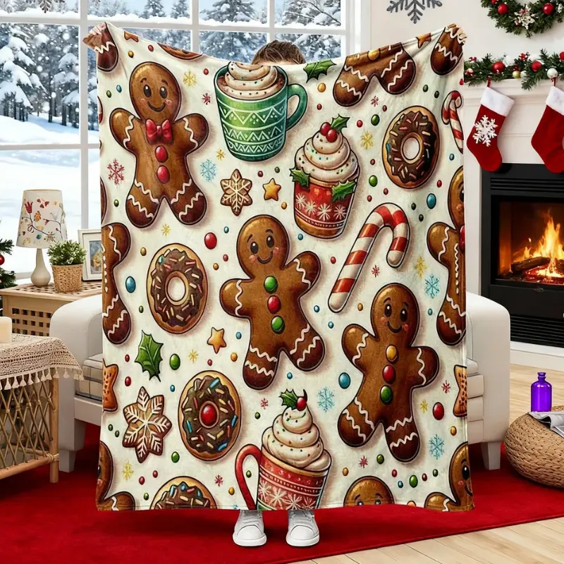 Gingerbread Christmas Fuzzy Flannel Blanket - Plush Texture Multi-Size Throw, Festive Cookies & Hot Cocoa Design, No Shedding, Ideal Gift for Adults, Sofa Use (40x50/50x60/60x80 in)