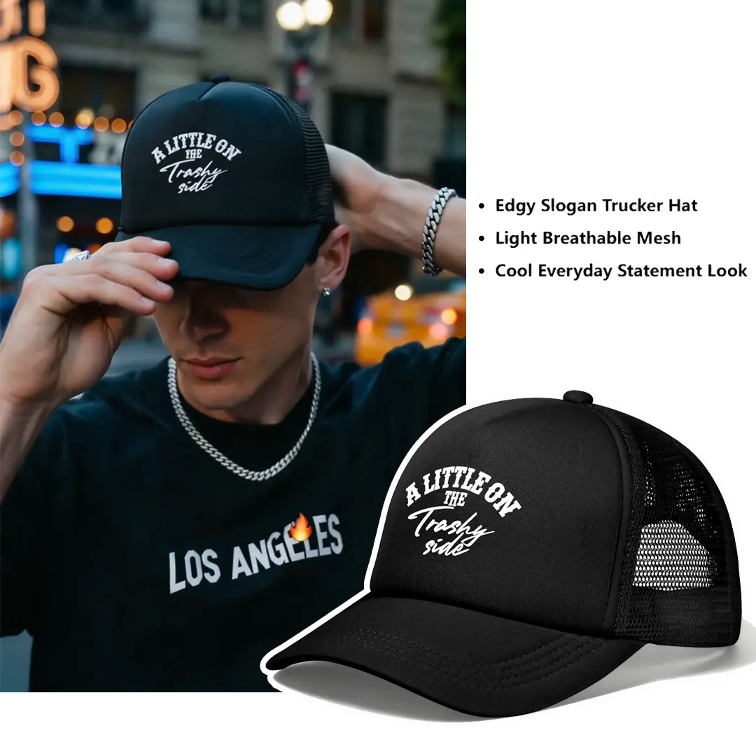 A Little On the Trashy Side Trucker Hat | Retro Edgy Black Mesh Cap,Edgy Statement Vintage Trucker Cap | Retro Rebel Graphic Hat,adjustable stylish hat,black color option,black cap baseball,casual hat,trendy styling