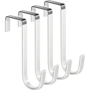 Over the Door Hooks 4Pcs, 5.5" Length Fit 1 3/8" Door, Steel with White Rubber Coating, Heavy Duty Hanger for Hanging Towel Robe Clothing Wreath Ironing Board for Bathroom Room