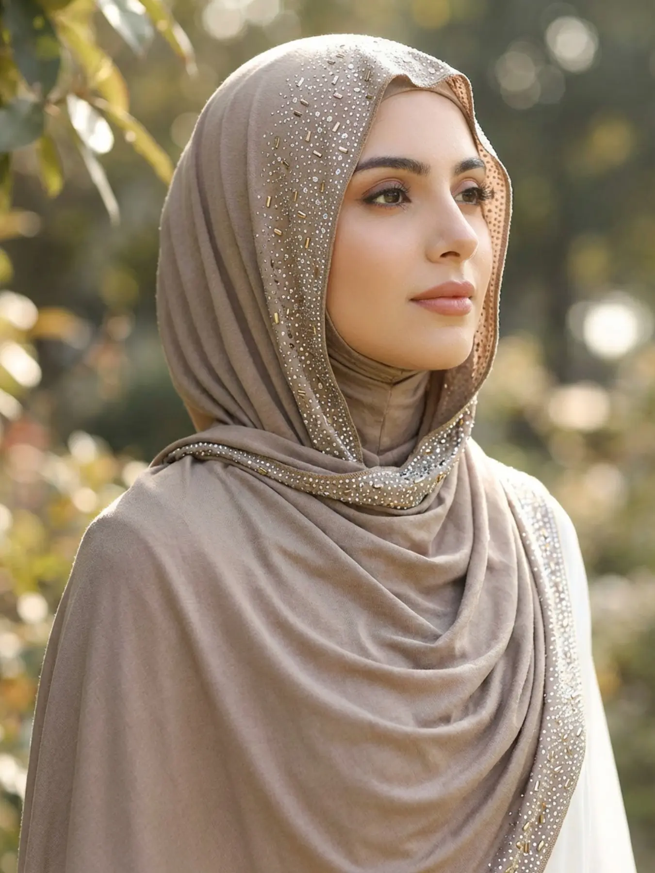 1pc Fashion Chic Plain Chiffon Hijab Scarf with Rhinestone Beading, Elegant Modest Women's Headscarf, Muslim Daily Wear Turban, Breathable Long Shawl