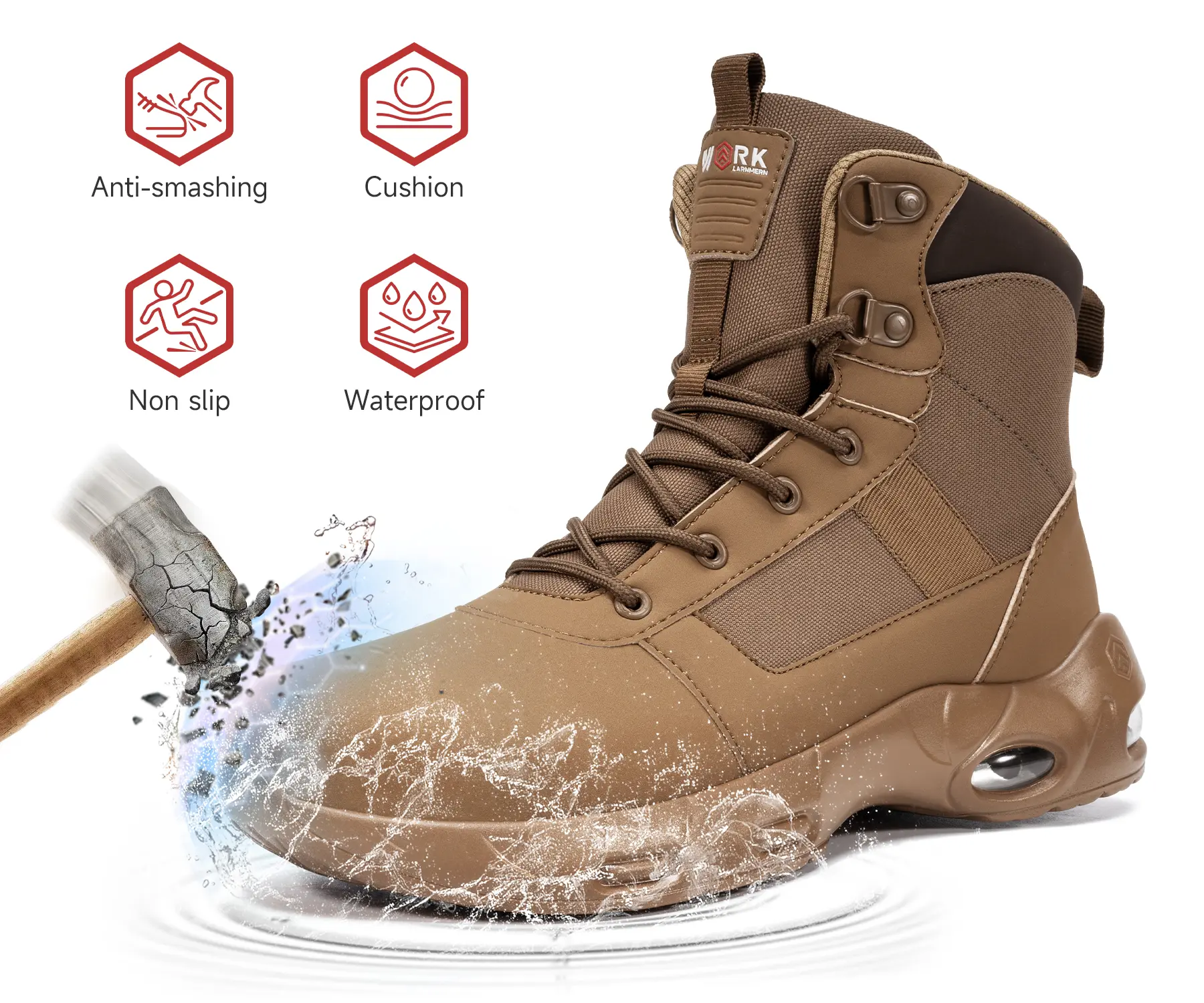 Father's Day Gift Men's Steel Toe Work Boots by LARNMERN, Waterproof Non Slip Safety Shoes, Cushioned High Top Work Footwear, Anti-smashing Industrial Boots, Durable Water Resistant Shoes for Construction, Warehouse & Outdoor Work