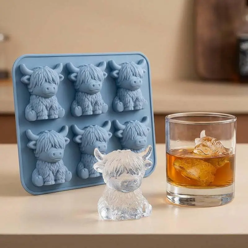 Large Silicone 3D Highland Cow Ice Cube Tray Utensils - Built-in Funnel, for Whiskey, Party Use, Cute Gifts for Father's Day, Anniversary, Holiday Stocking Stuffers
