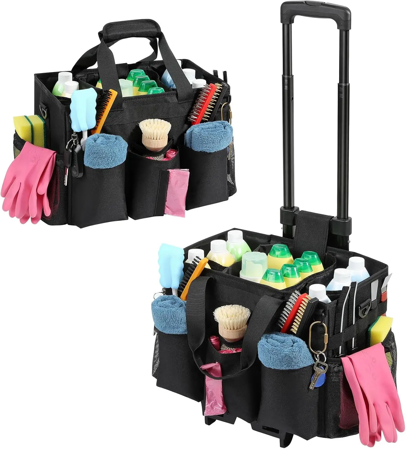 Moko Rolling Cleaning Caddy Bag with Detachable Trolley, Professional Portable Large Cleaning Bag with Wheels, Wearable Cleaning Supply Bag on Wheels for Housekeepers, Black