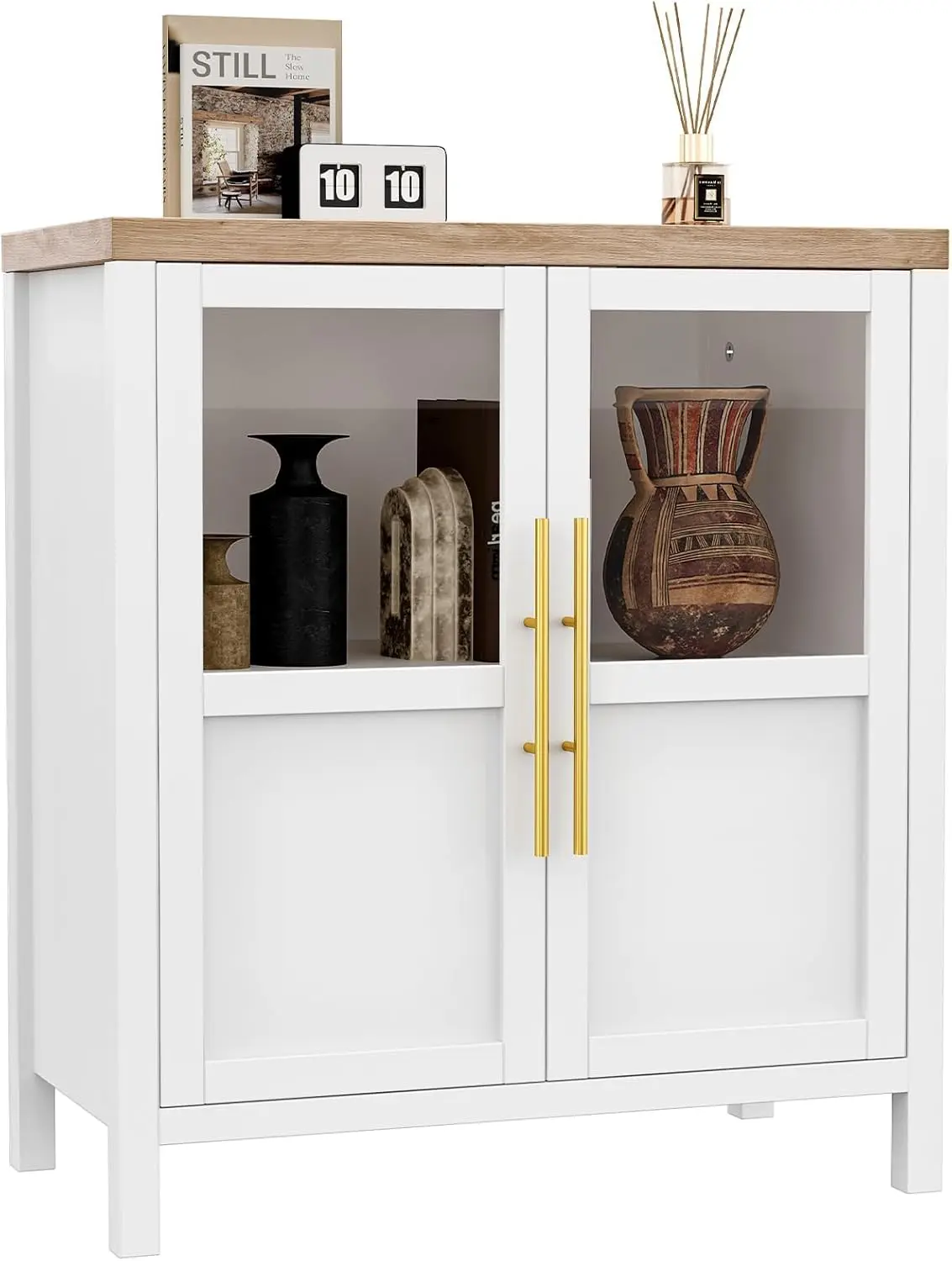 Garvee White Sideboard Buffet Cabinet with Two Glass Doors Compact Modern Farmhouse Storage White
