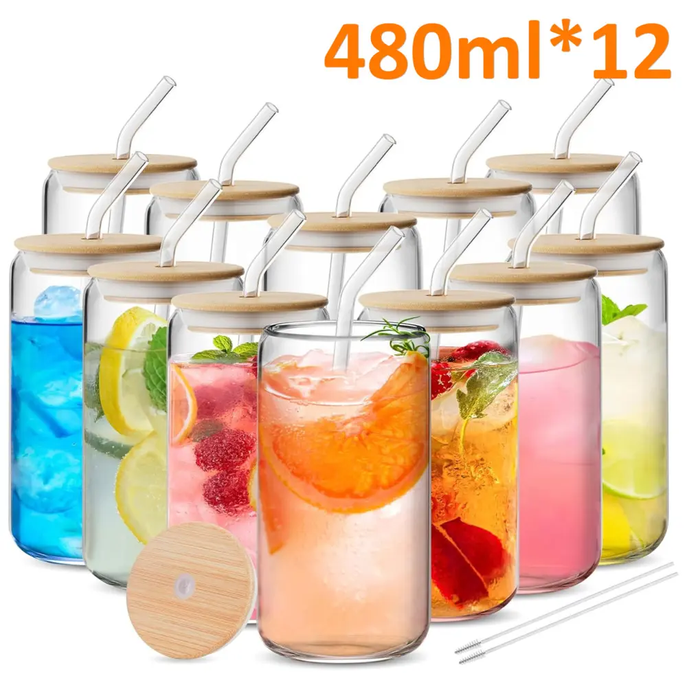 Durable Can-Shaped Glass Tumblers, 16oz Drinkware Set with Bamboo Lids, Glass Straws, and Brushes, Dishwasher Safe for Iced Coffee (4/6/8/12 Pack)