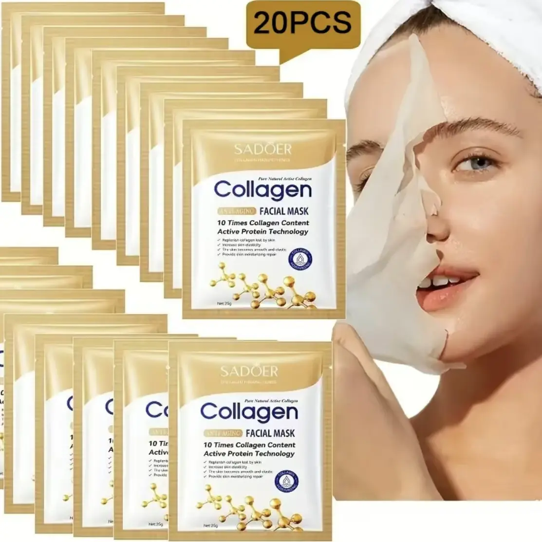 20-Pack Collagen Face Mask, Skincare with Collagen Components, Collagen Content, Moisturizing and Hydrating, Deep Hydration Tightening, Smooth, Gentle, Non-Irritating Facial Light Beige Formula, Portable Travel Pack Moisturizer Moisture Hydrate