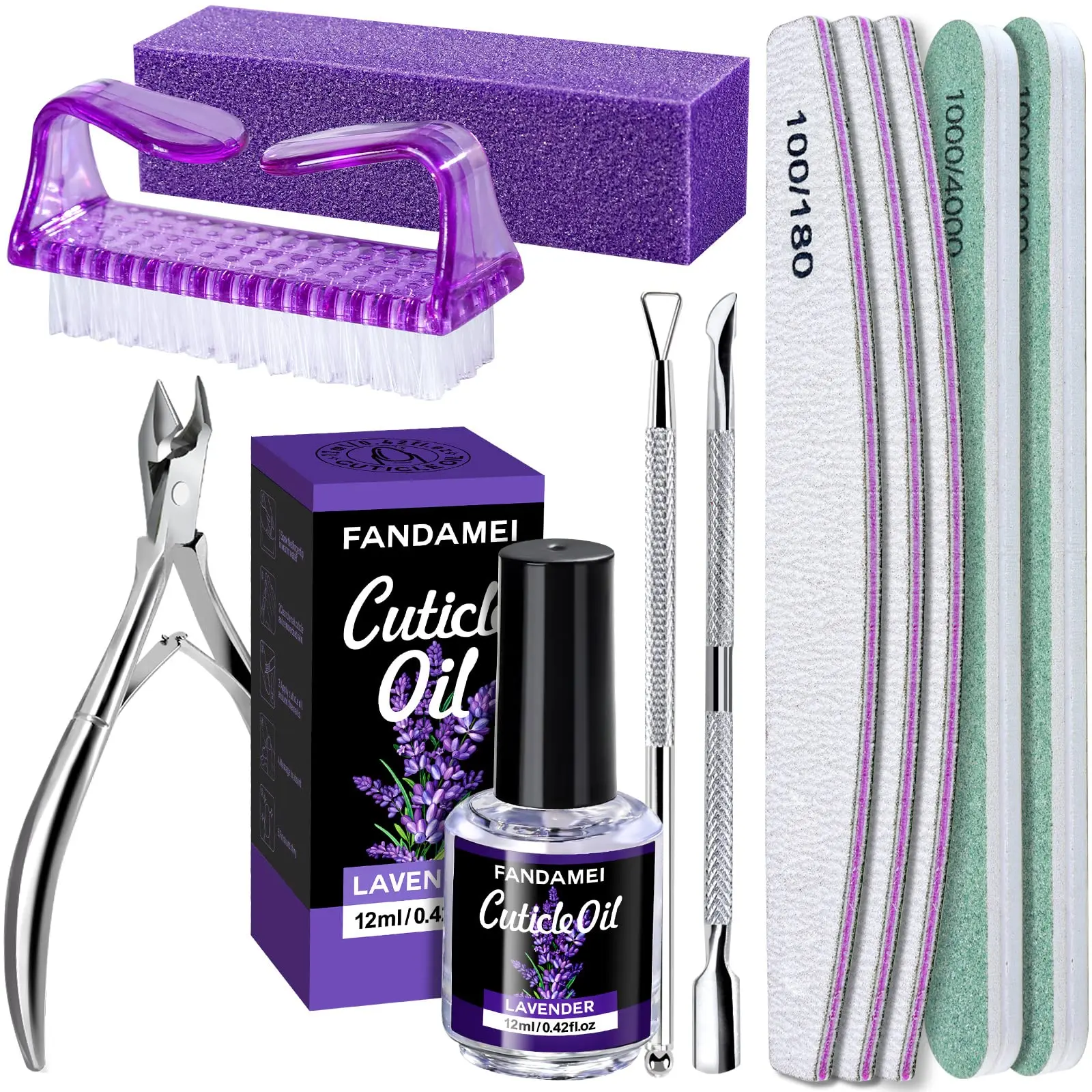 FANDAMEI Nail Buffers and Files, Manicure Tools Kit with 3PCS Nail File, 2PCS Nail Buffer, Rectangular Nail Buffer Block, Cuticle Nippers, Cuticle Pusher, Cuticle Peeler. Cuticle Oil and Nail Brush.