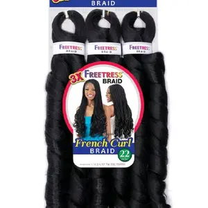 Freetress Synthetic Braid 3X color 1B French Curl 22" - Black Color for Hair Braiding, Pre-Curled & Pre-Stretched, Bouncy Spiral Curls, Tangle-Free, Lightweight