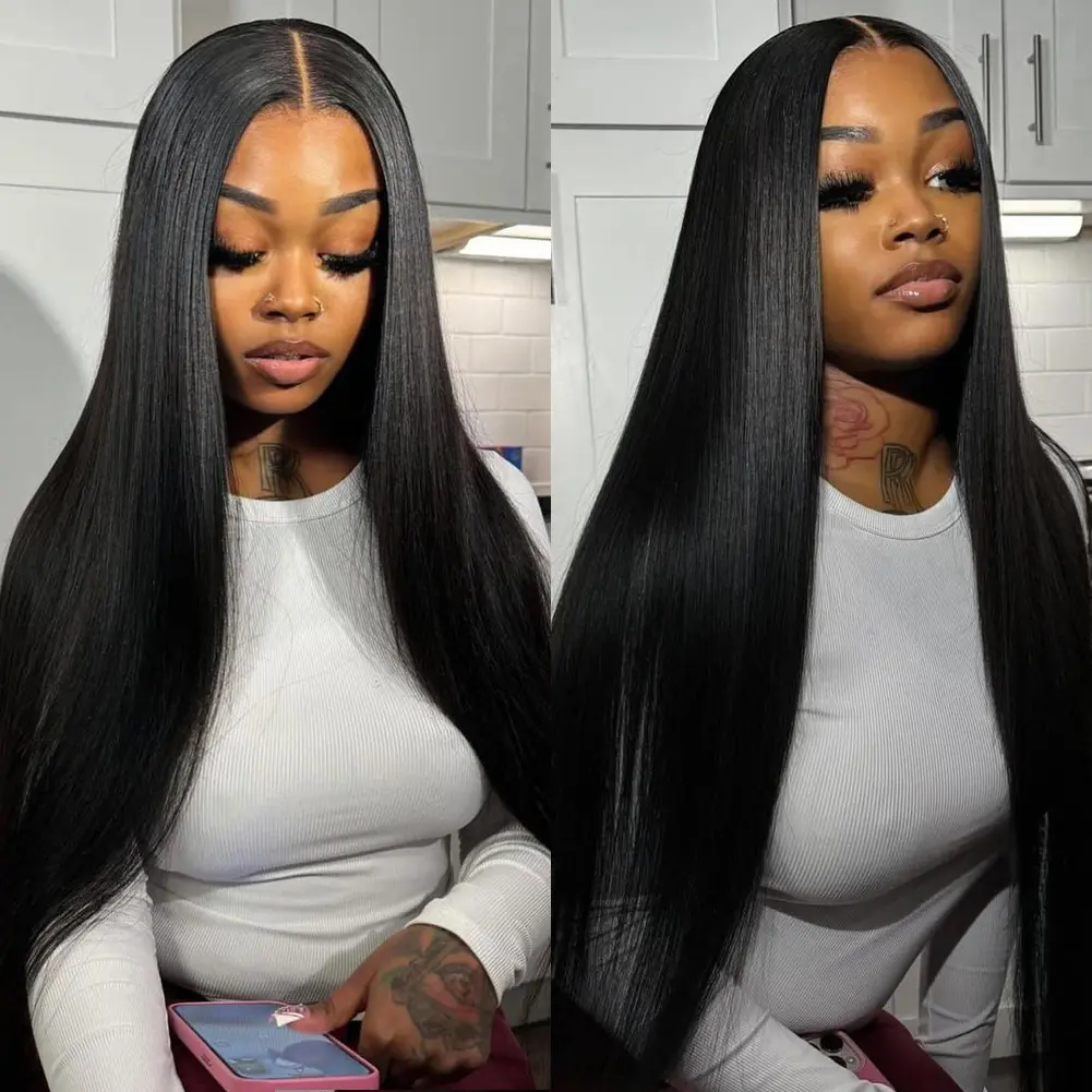QUANDIAN 13x6 HD Lace Front Wigs Straight Double Drawn Wig Pre Bleached Tiny Knots 220 Density Blunt Cut Straight Hair Natural Black, Wigs Human Hair, Human Hair Wigs