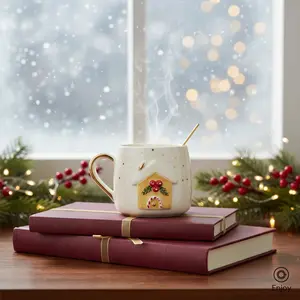 Handmade Gingerbread House & Snowman Mug Set with Gold Handle