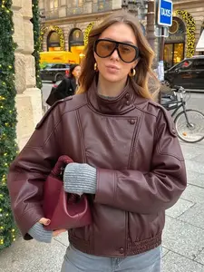 Plus Size Women's Long Sleeve High Neck Black Outerwear, Fashion Asymmetric Zipper Faux Leather Casual Jacket, Streetwear, Motorcycle Jackets, Coats