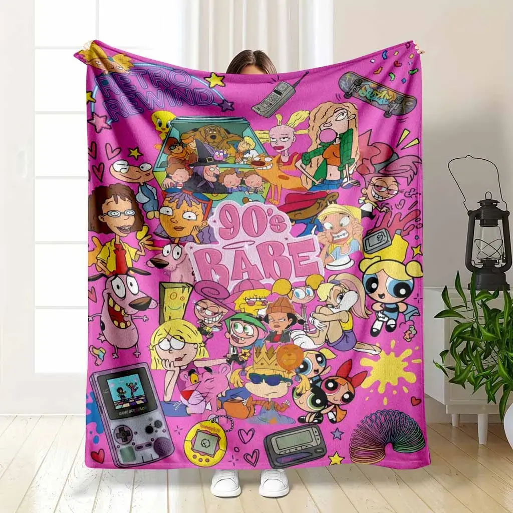 90s Nostalgic Cartoon Collage Flannel Fleece Blanket - Iconic Retro Pop Culture Characters Print, Breathable Soft Comfy Cozy Throw, Decorative Sofa Blanket for Living Room, Travel Gifts, Breathable Soft Blanket