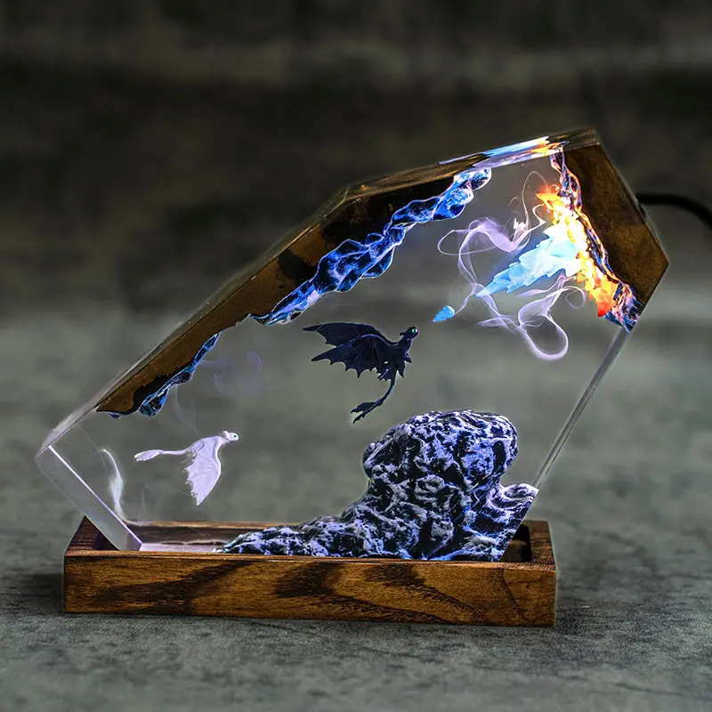 Handmade How to Train Your Dragon Resin Lamp - Toothless & Light Fury 3D Dragon LED Night Light with Solid Wood Base, Fantasy Dragon Resin Ambient Lamp, Desktop Bedroom Glowing Atmosphere Home Decor, Cool Gift for HTTYD Movie Fans Kids and Adults